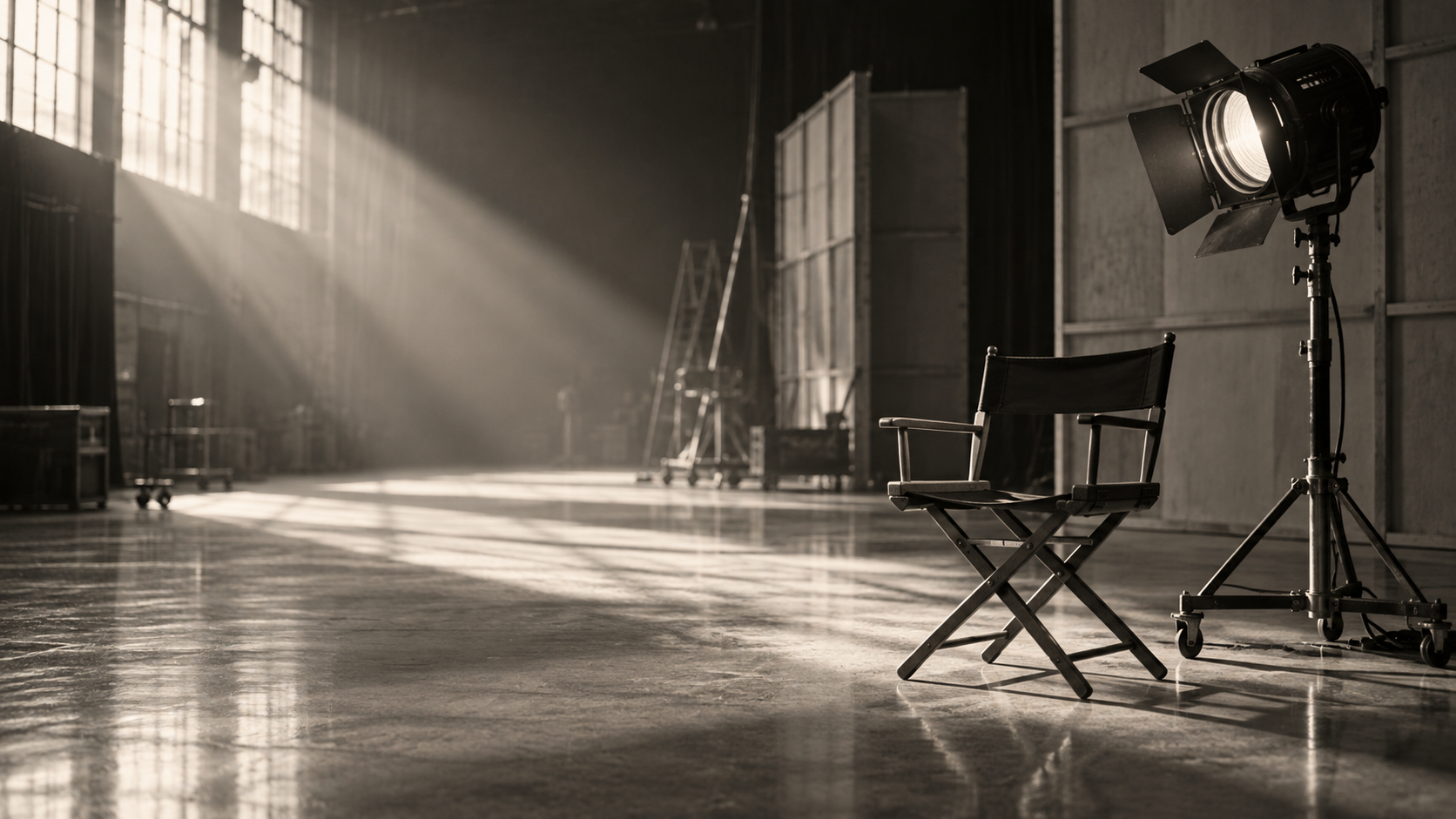 An empty classic film soundstage with a director’s chair and studio light in a shaft of sunlight.