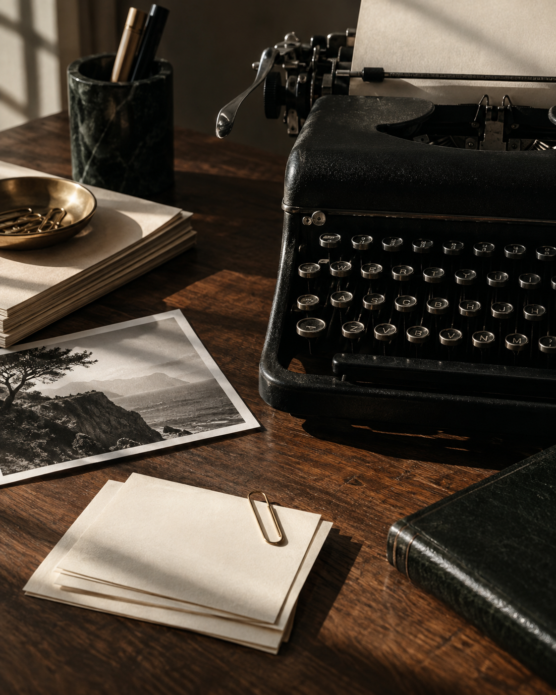 A vintage typewriter, research cards, and a location photograph in warm window light.